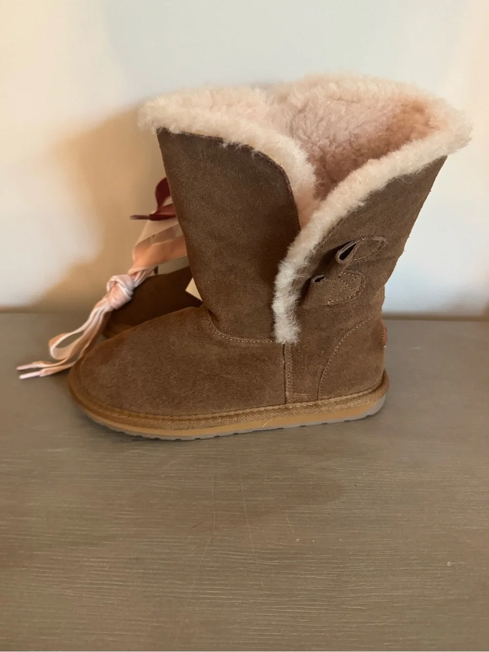 Emu Kids Brown Suede Winter Boots with Pink Ribbon Laces